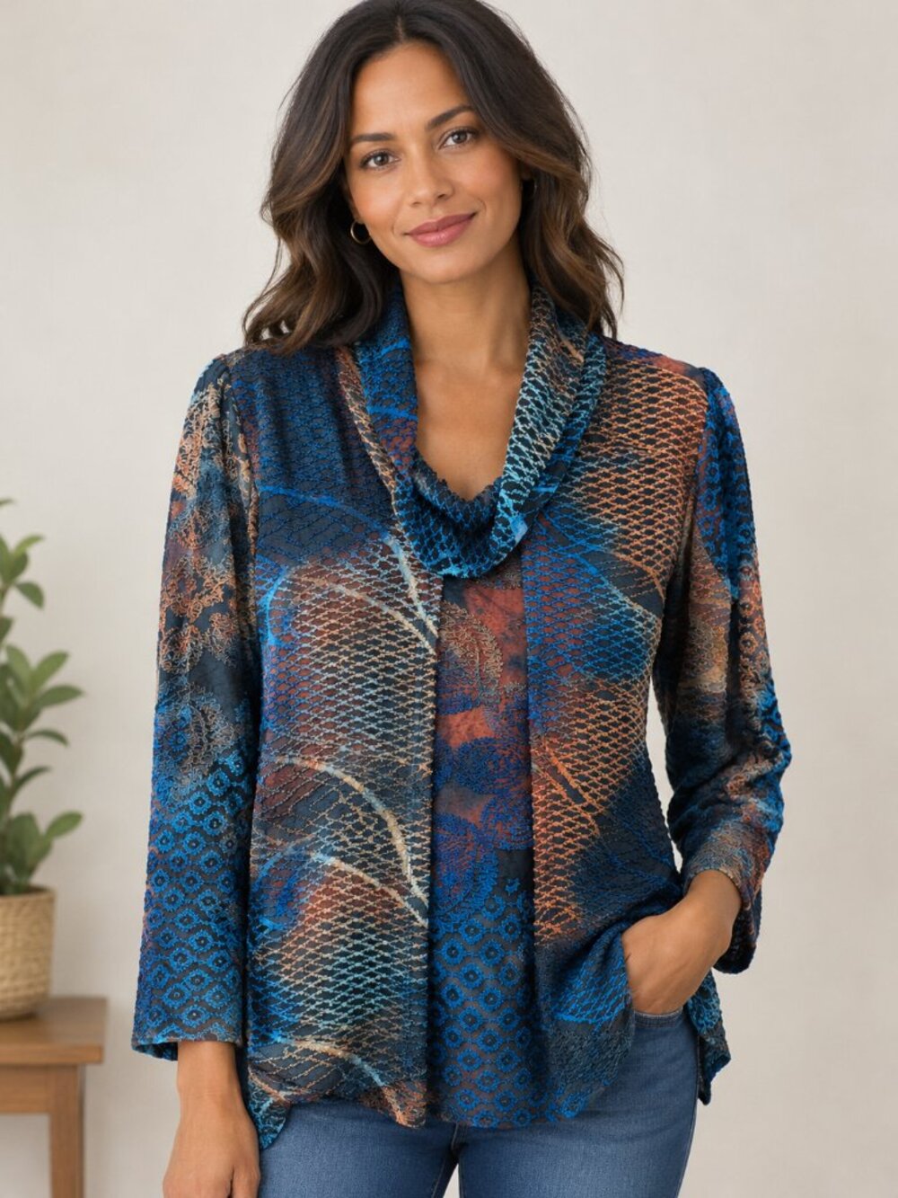 NorthStyle Blue and Brown Textured Cowl Neck Sweater XL